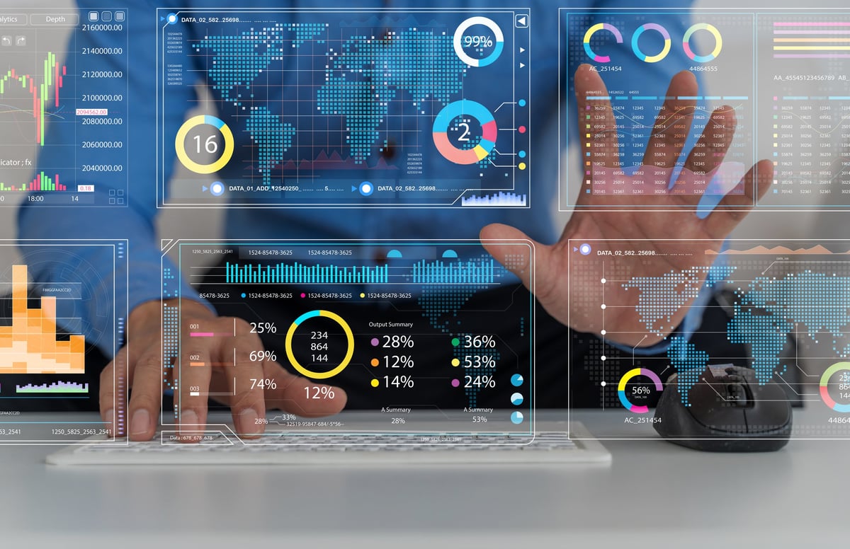 Business person typing on keyboard with virtual dashboard interface